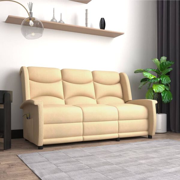 vidaXL Πολυθρόνα Μασάζ Τριθέσια Ανακλινόμενη Κρεμ από Ύφασμα Μικροϊνών