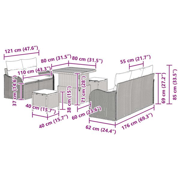 vidaXL Σετ Καναπέ Κήπου με μαξιλάρι 8 pcs Μαύρο 80 x 80 x 71 cm