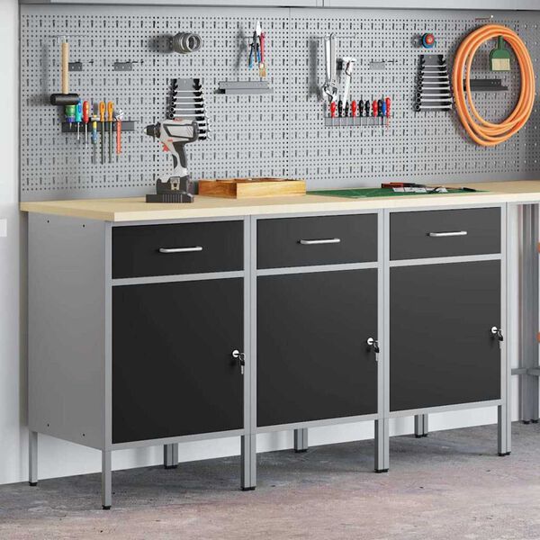 vidaXL Ντουλάπα Εργασίας 3 pcs Μαύρο και Γκρι 150 x 55 x 85 εκ