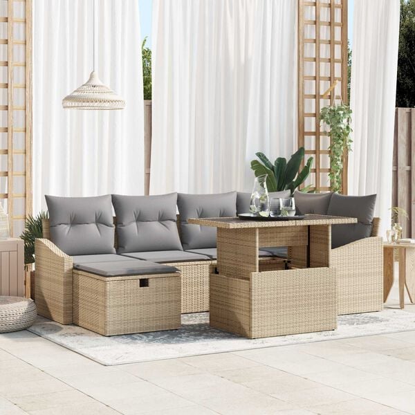 vidaXL Σετ Καναπέ Κήπου με μαξιλάρι 7 pcs Μπεζ Πολυ ράταν