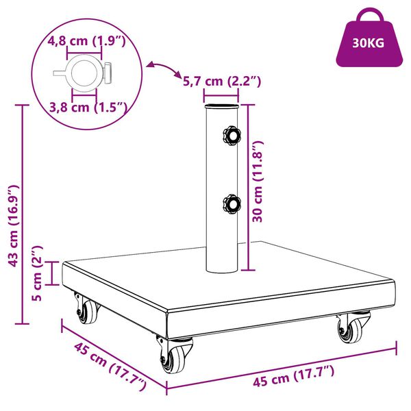 vidaXL Βάση ομπρέλας με τροχούς για στύλους Ø38/48mm, γκρι γρανίτης, 30kg, τετράγωνη.