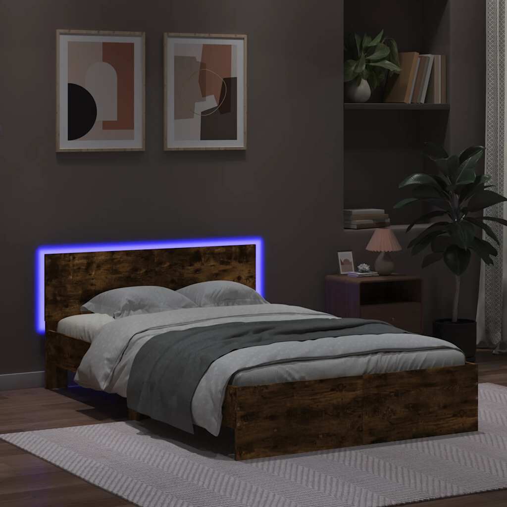 vidaXL Πλαίσιο Κρεβατιού με Κεφαλάρι/LED Καπν. Δρυς 140x200 εκ.