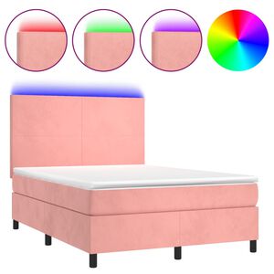 vidaXL Κρεβάτι Boxspring με Στρώμα & LED Ροζ 140x190 εκ. Βελούδινο