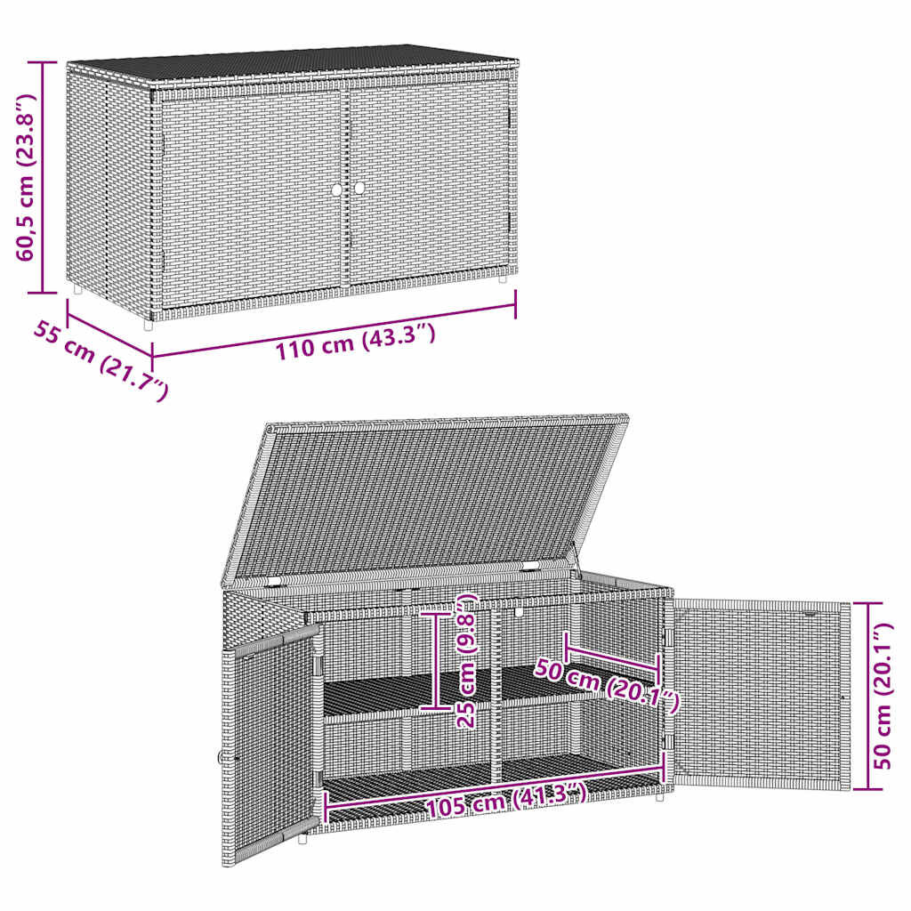 vidaXL Ντουλάπι Αποθήκευσης Κήπου Μαύρο 110x55,5x60,5 εκ. Συνθ. Ρατάν