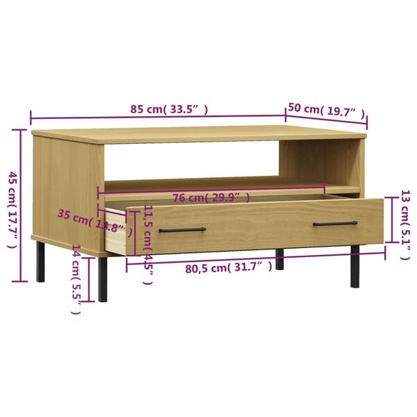vidaXL Τραπεζάκι Σαλονιού OSLO Καφέ 85x50x45 εκ. Μασίφ Ξύλο Μετ. Πόδια