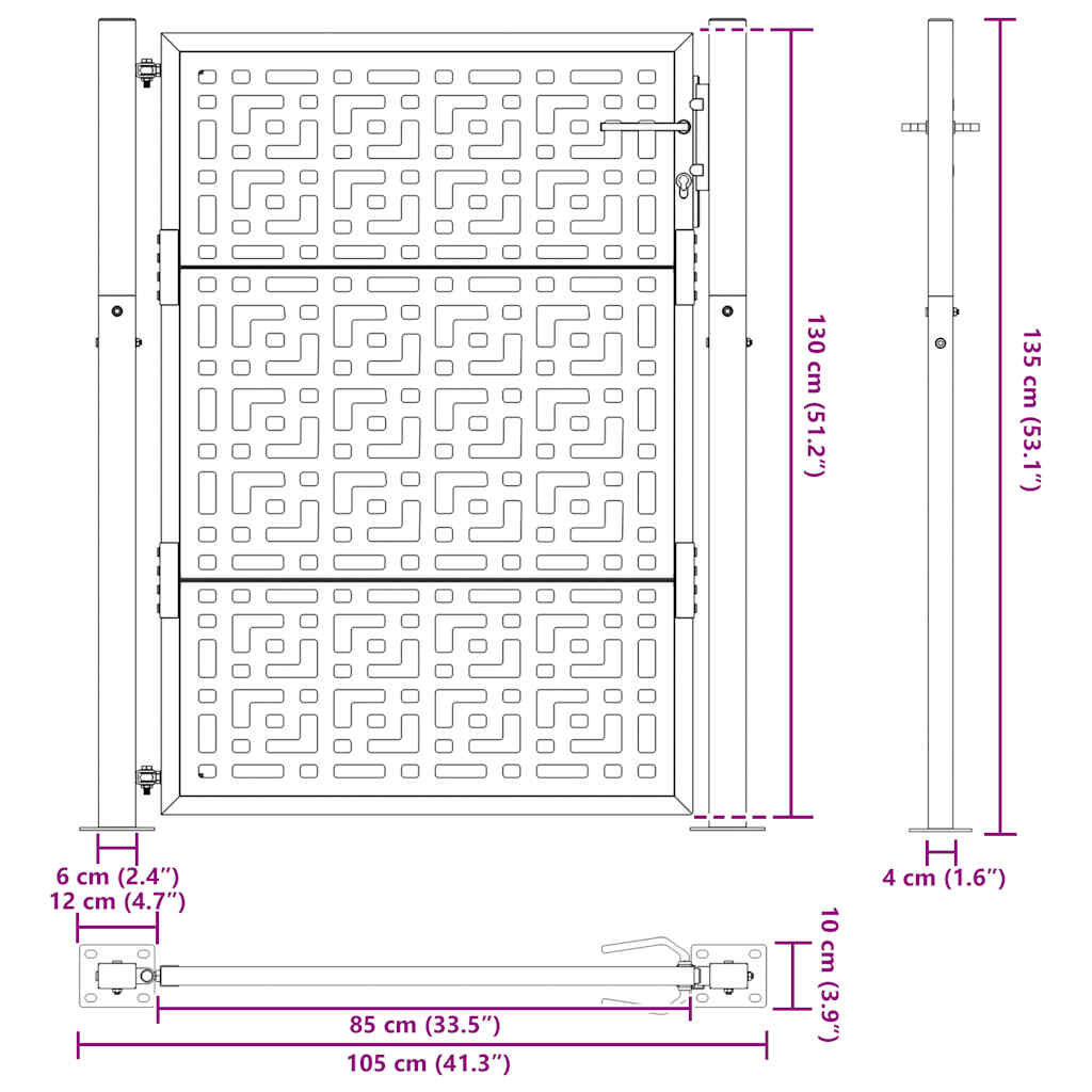 vidaXL Πύλη κήπου 105x130 cm Σταυρός σχεδιασμού από διαβρωμένο χάλυβα