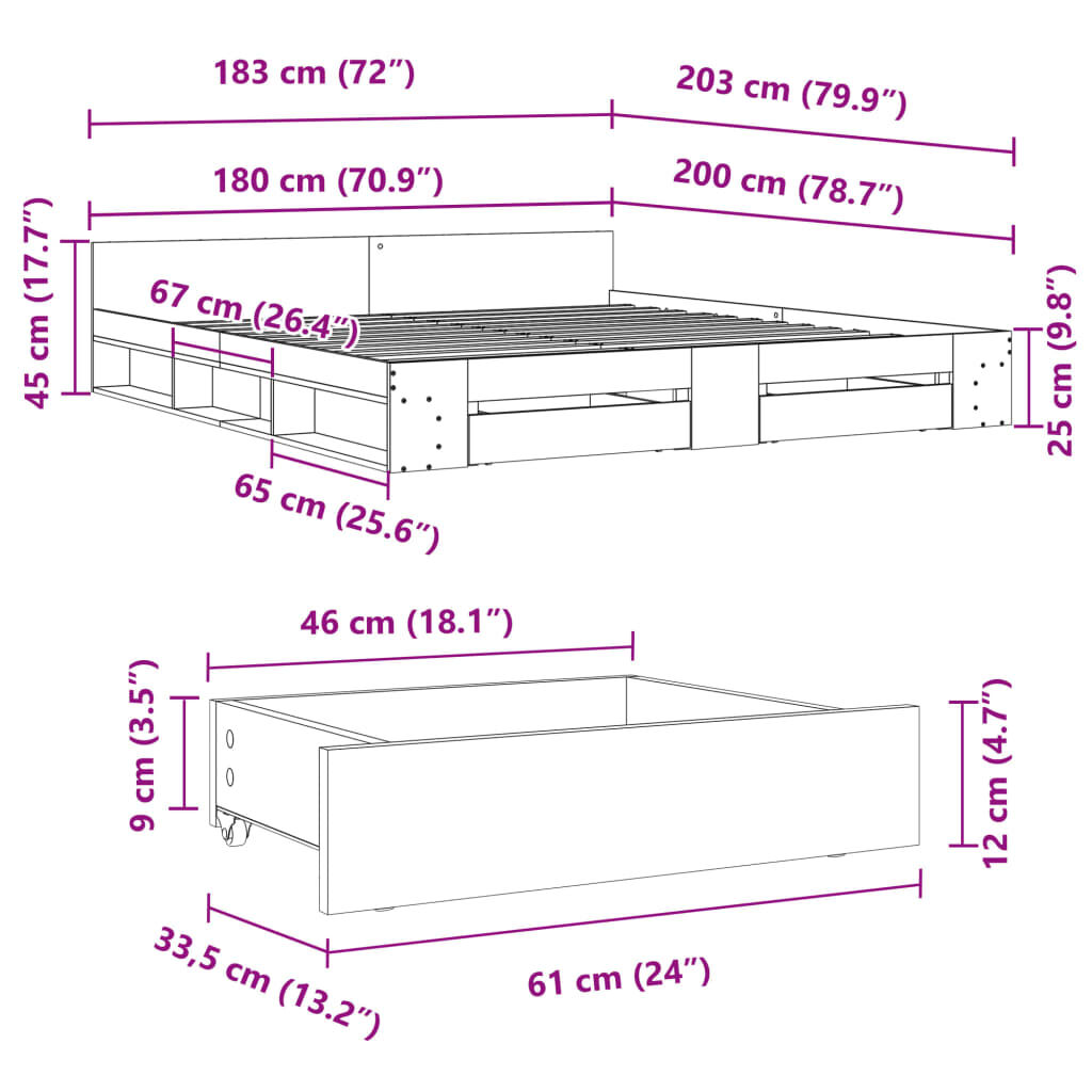 vidaXL Πλαίσιο Κρεβατιού με συρτάρια Sonoma Δρυς 180x200εκ. Επεξ. Ξύλο