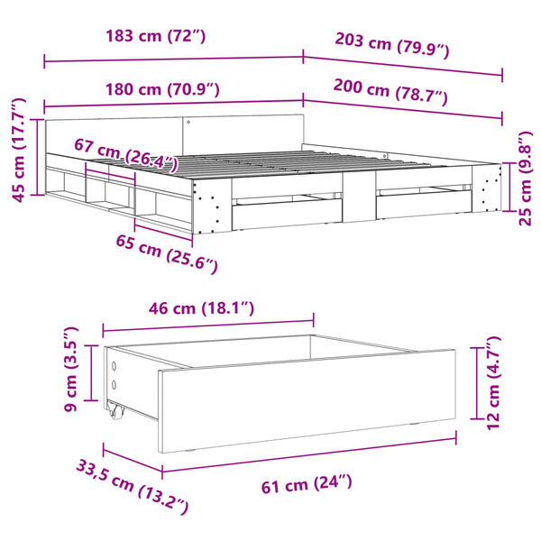 vidaXL Πλαίσιο Κρεβατιού με συρτάρια Sonoma Δρυς 180x200εκ. Επεξ. Ξύλο