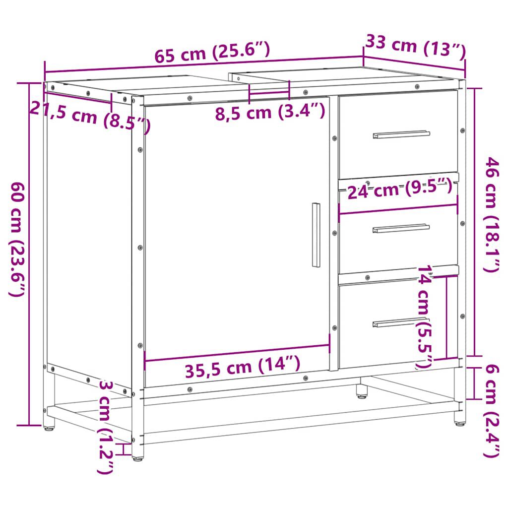 vidaXL Ντουλάπι Νιπτήρα Μπάνιου Sonoma Δρυς 65x33x60 εκ. Επεξ. Ξύλο