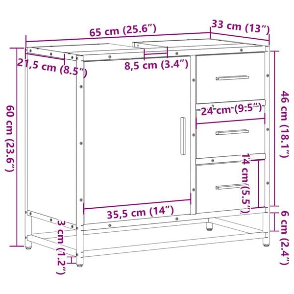 vidaXL Ντουλάπι Νιπτήρα Μπάνιου Sonoma Δρυς 65x33x60 εκ. Επεξ. Ξύλο
