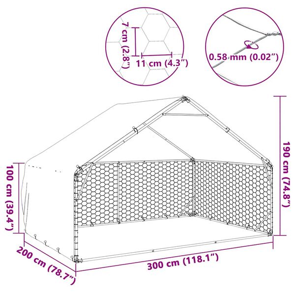 vidaXL Κλουβί Σκύλου Εξωτερ. Χώρου με κάλυμμα 3x2x1,9μ. Γαλβαν. Ατσάλι