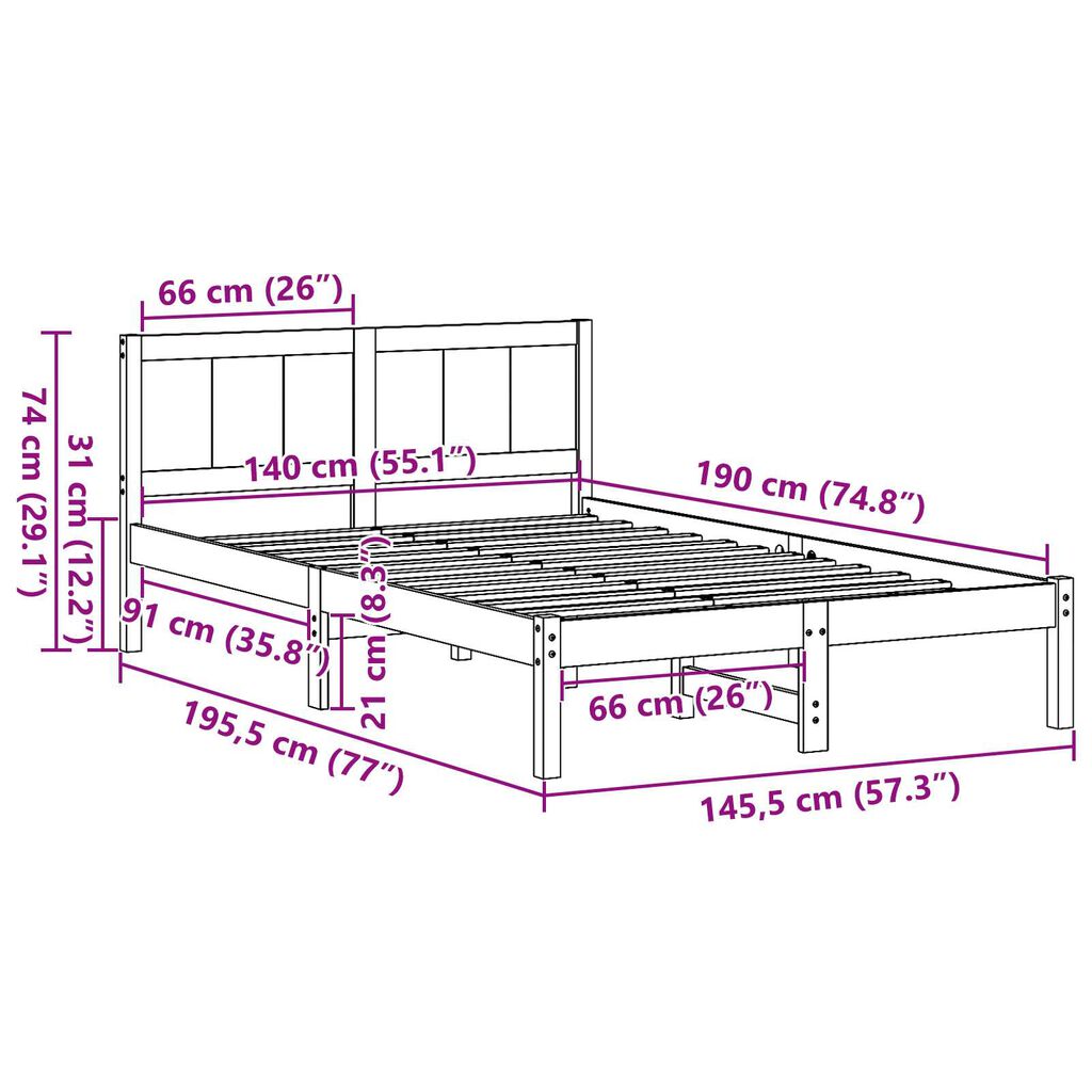 vidaXL Μασίφ Καφέ Κρεβάτι Καφέ Ξύλο Πεύκου 140 x 190 εκ. Ανθεκτικό