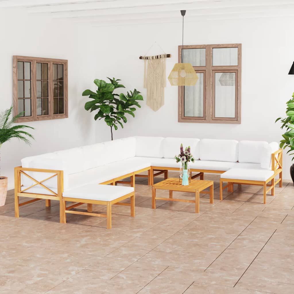 vidaXL Σαλόνι Κήπου Σετ 11 Τεμαχίων Μασίφ Ξύλο Teak με Κρεμ Μαξιλάρια