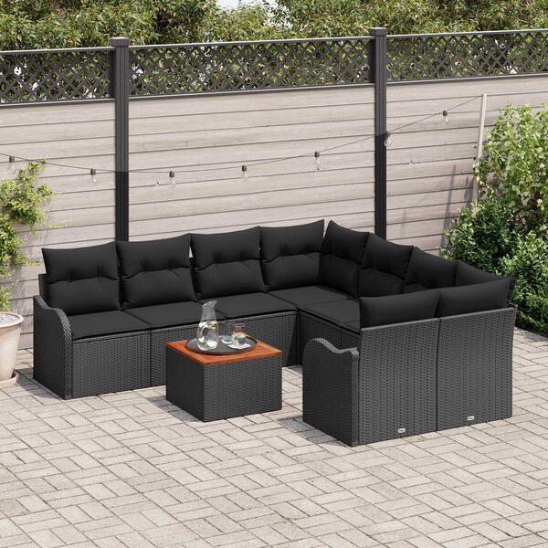 vidaXL Σετ Σοφάκι Κήπου 9 pcs Μαύρο Μεγάλο Ρατάν, Ξύλο