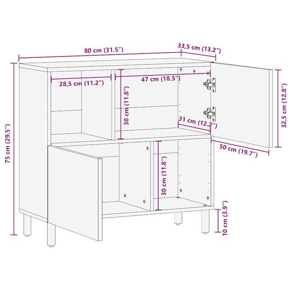 vidaXL Μπουφές 80x33,5x75 εκ. από Μασίφ Ακατέργαστο Ξύλο Μάνγκο