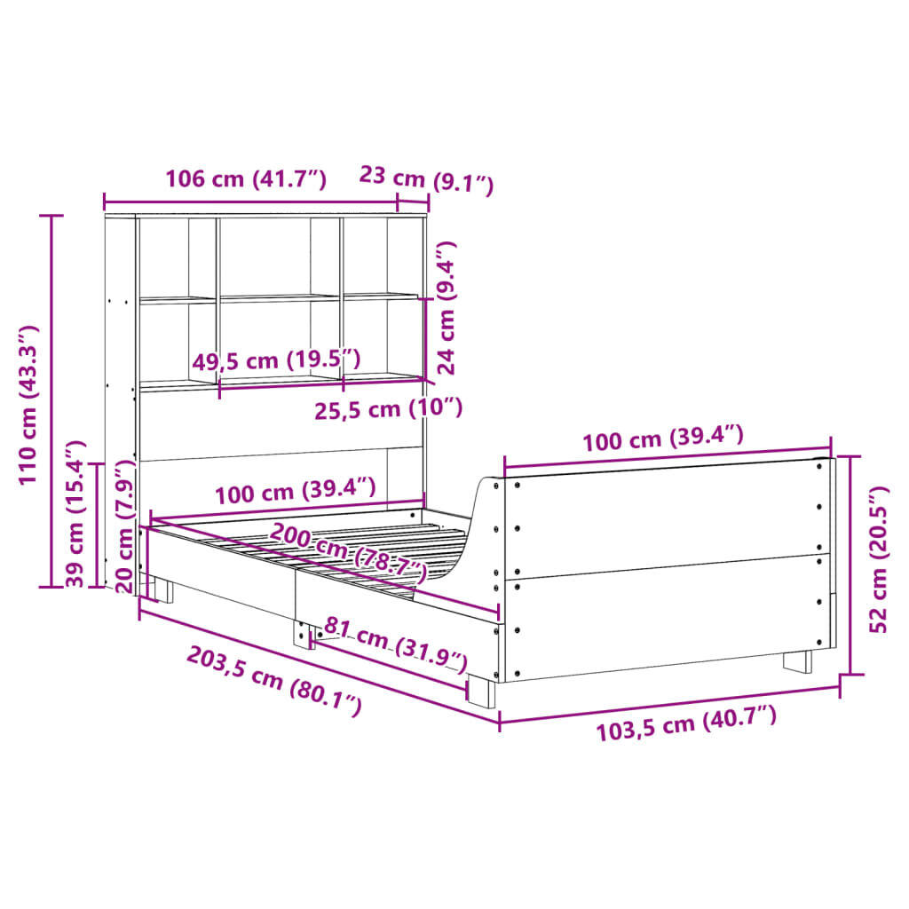 vidaXL Σκελετός Κρεβατιού Χωρίς Στρώμα 100x200 εκ. Μασίφ Πεύκο