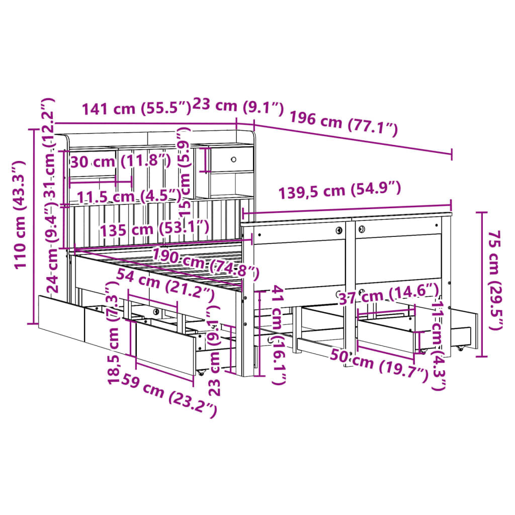 vidaXL Κρεβάτι Βιβλιοθήκη Χωρίς Στρώμα 135x190 εκ Μασίφ Ξύλο Πεύκου