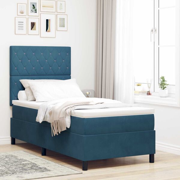 vidaXL κρεβάτι τύπου box spring με στρώμα και LED σκούρο μπλε 90x190 εκατοστά βελούδο