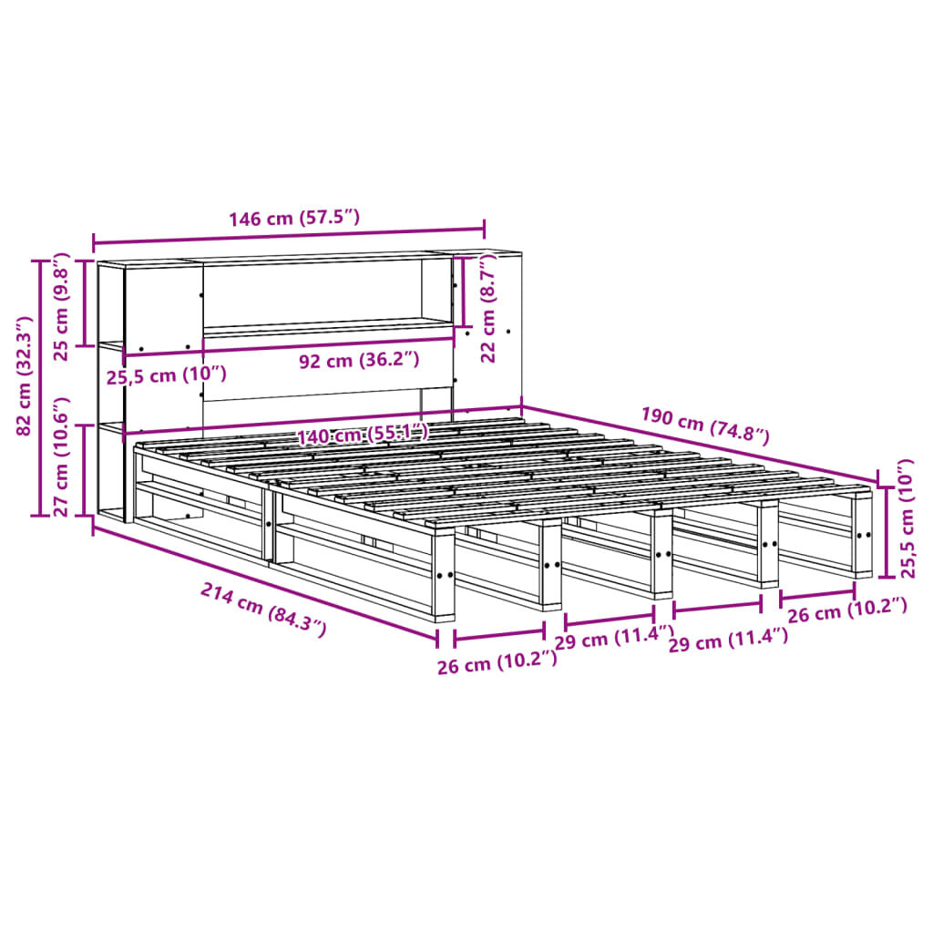 vidaXL Κρεβάτι Βιβλιοθήκη Χωρίς Στρώμα Καφέ 140x190 εκ Μασίφ Πεύκο