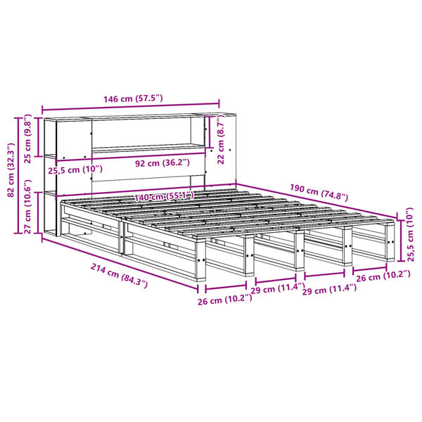 vidaXL Κρεβάτι Βιβλιοθήκη Χωρίς Στρώμα Καφέ 140x190 εκ Μασίφ Πεύκο