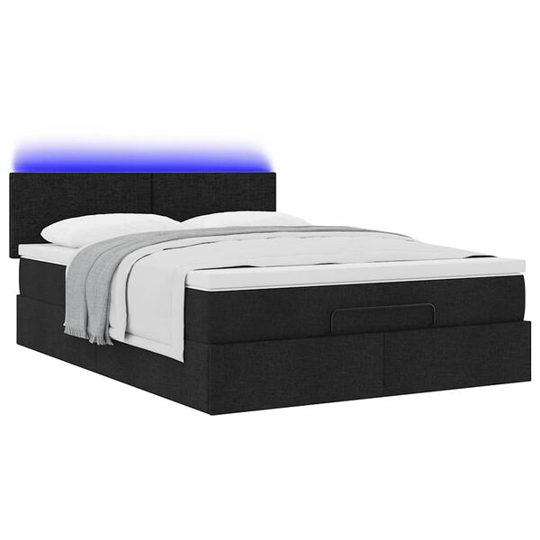 vidaXL Οθωμανικό κρεβάτι με στρώμα & LEDs Μαύρο 140x190 cm Ύφασμα