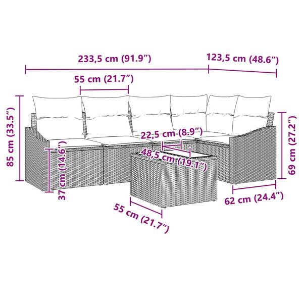 vidaXL Σετ Καναπέ Κήπου 6 pcs Γκρι Πολυ ράταν