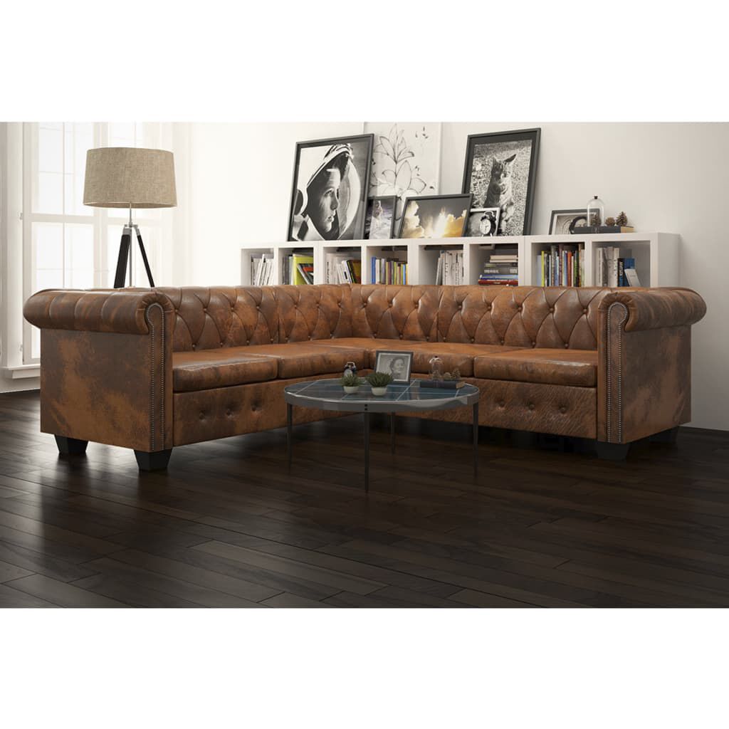 vidaXL Γωνιακός Καναπές Chesterfield 5 Θέσεων Καφέ από Συνθετικό Δέρμα