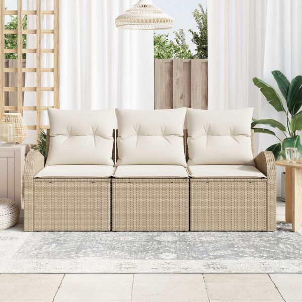 vidaXL Σετ Καναπέ Κήπου με μαξιλάρι 3 pcs Μπεζ Πολυ ράταν
