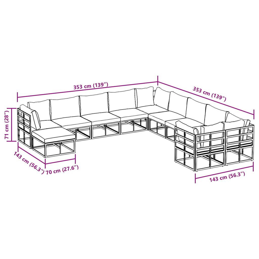 vidaXL Σετ Καναπέ Κήπου 11 pcs Μαύρο 71.5 x 71.5 x 71 εκ. Αλουμίνιο