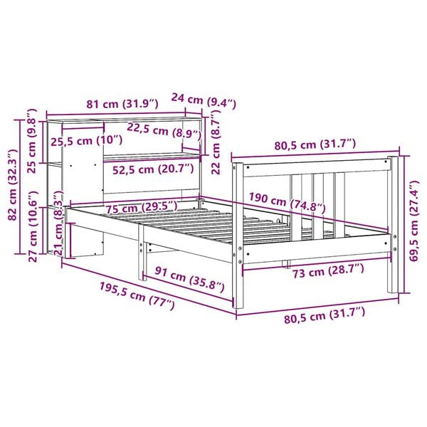vidaXL Κρεβάτι Βιβλιοθήκη Χωρίς Στρώμα 75x190 εκ Μασίφ Ξύλο Πεύκο