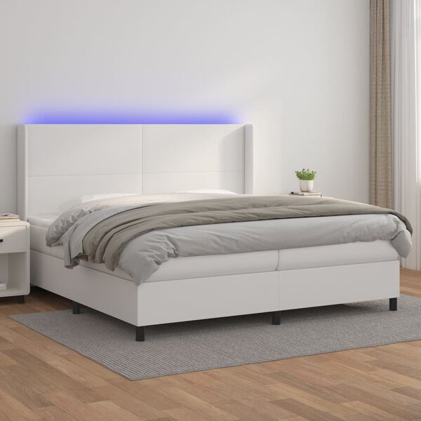 vidaXL Κρεβάτι Boxspring με Στρώμα & LED Λευκό 200x200 εκ. Συνθ. Δέρμα