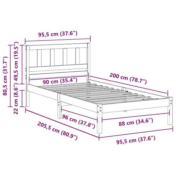 vidaXL Σκελετός Κρεβατιού Λευκό 90 x 200 cm Μασίφ ξύλο πεύκου