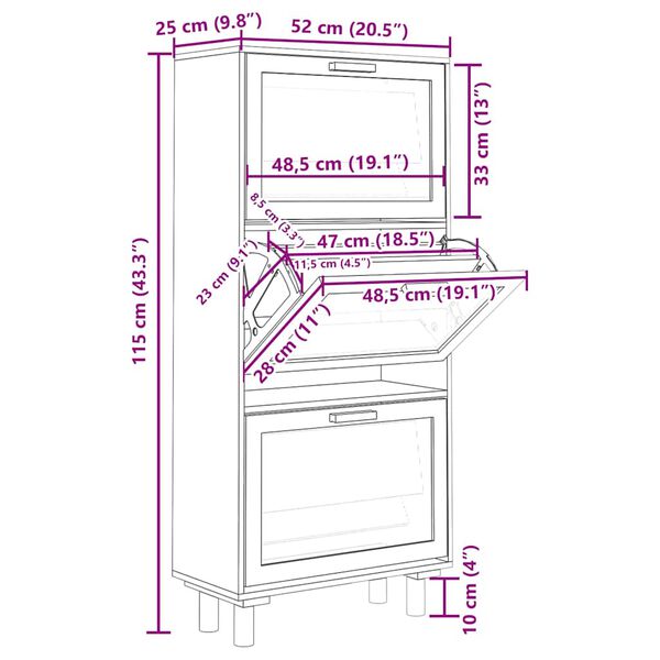 vidaXL Παπουτσοθήκη Λευκή 52x25x115 εκ Επεξεργασμένο Ξύλο&Φυσικό Ρατάν