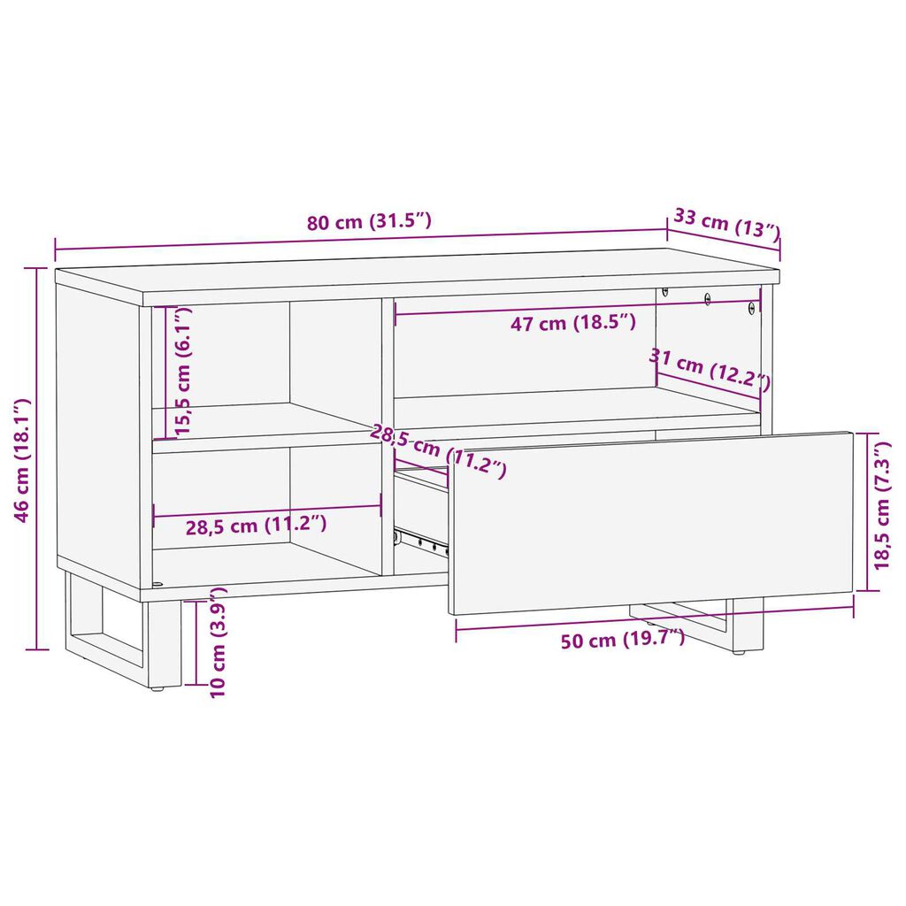 vidaXL Έπιπλο τηλεόρασης - 80x33.5x46 εκ, φτιαγμένο από μασίφ ξύλο και κατεργασμένο ξύλο.