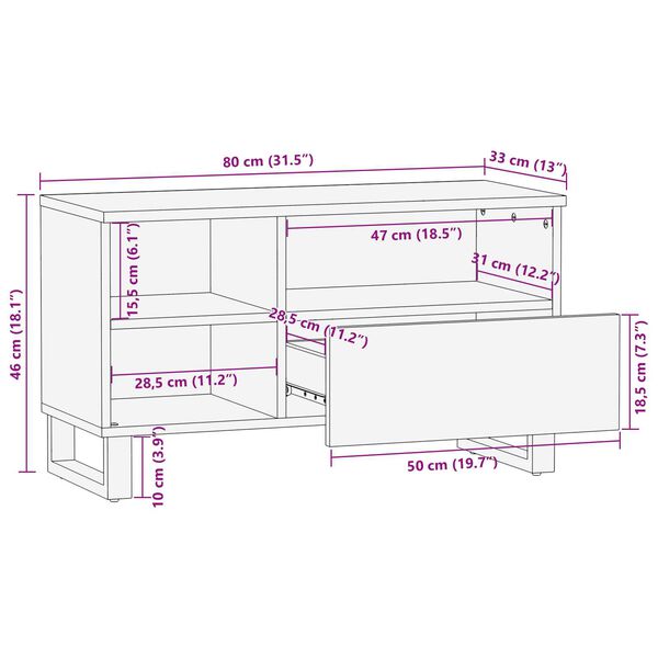 vidaXL Έπιπλο τηλεόρασης - 80x33.5x46 εκ, φτιαγμένο από μασίφ ξύλο και κατεργασμένο ξύλο.