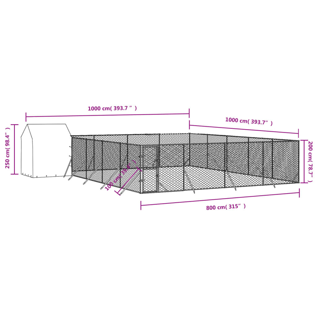 vidaXL Κλουβί Σκύλου Εξ. Χώρου με Οροφή Ασημί 10x10x2,5 μ Γαλβ. Ατσάλι