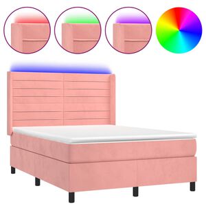 vidaXL Κρεβάτι Boxspring με Στρώμα & LED Ροζ 140x190 εκ. Βελούδινο