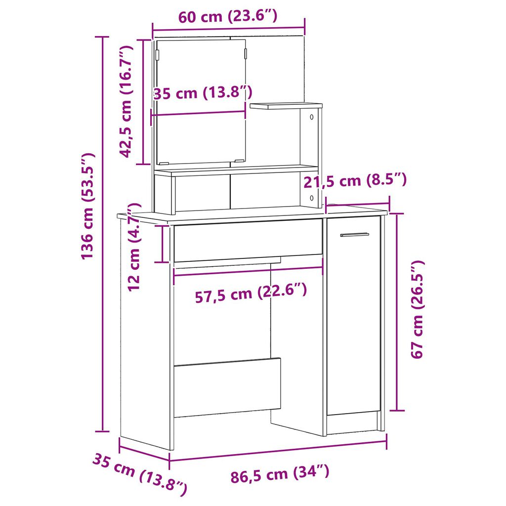 vidaXL Μαύρο Τραπεζάκι με Καθρέφτη - 86,5 x 35 x 136 εκ
