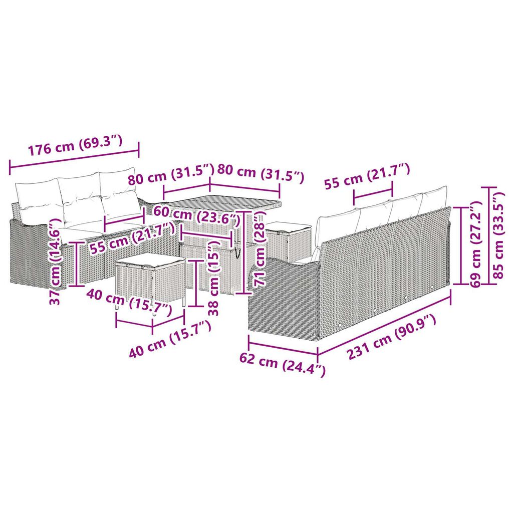 vidaXL Σετ Καναπέ Κήπου Ρυθμιζόμενο ύψος 10 pcs Μαύρο συνθετικό ρατάν