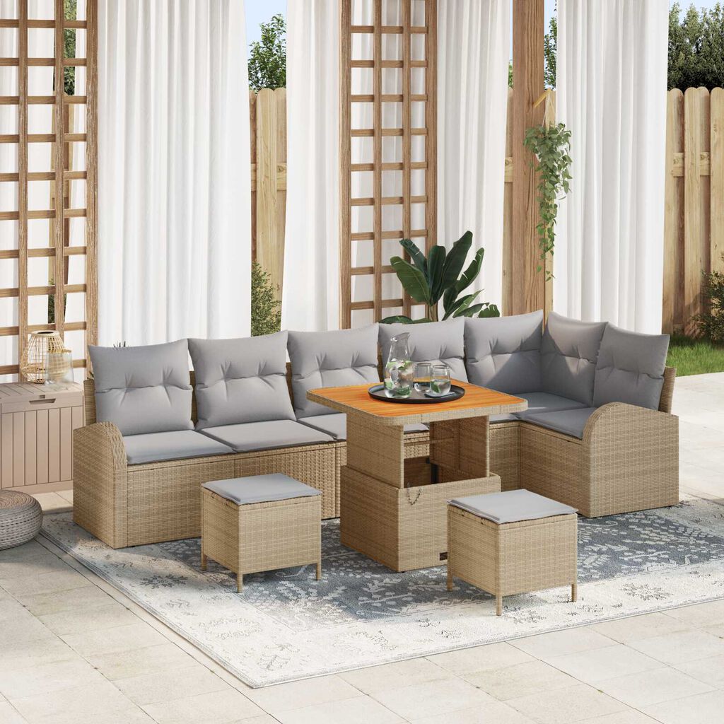 vidaXL Σετ Καναπέ Κήπου με μαξιλάρι 9 pcs Μπεζ Πολυ ράταν