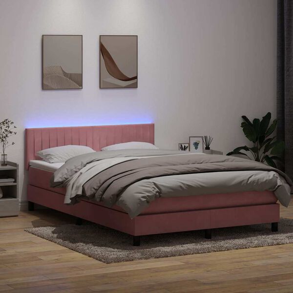 vidaXL Κρεβάτι Boxspring με Στρώμα & LED Ροζ 160x210 εκ. Βελούδινο