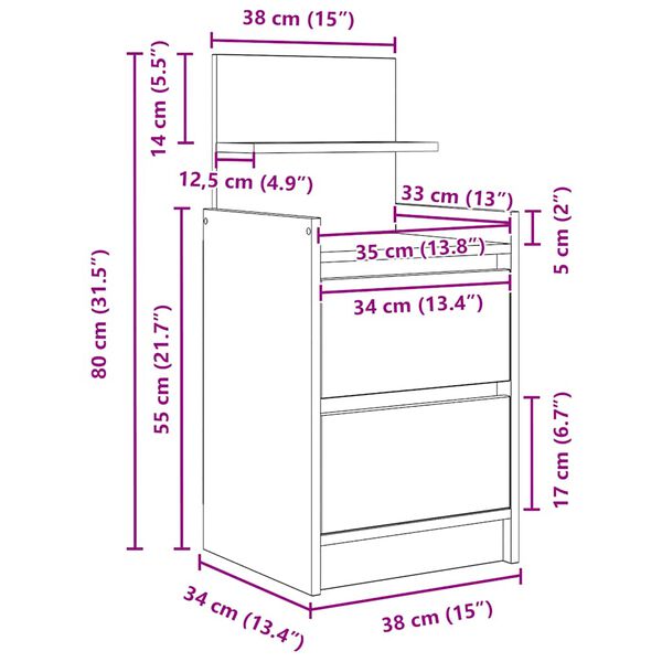 vidaXL Κομοδίνο με 2 συρτάρια Γκρι Σκυροδέματος 38x34x80 εκ.