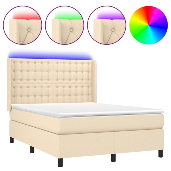 vidaXL Κρεβάτι Boxspring με Στρώμα & LED Κρεμ 140x200 εκ. Υφασμάτινο