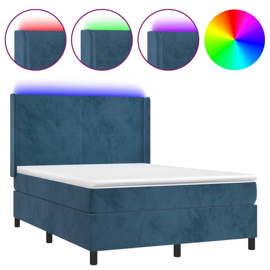 vidaXL Κρεβάτι Boxspring με Στρώμα & LED Σκ. Μπλε 140x200εκ. Βελούδινο
