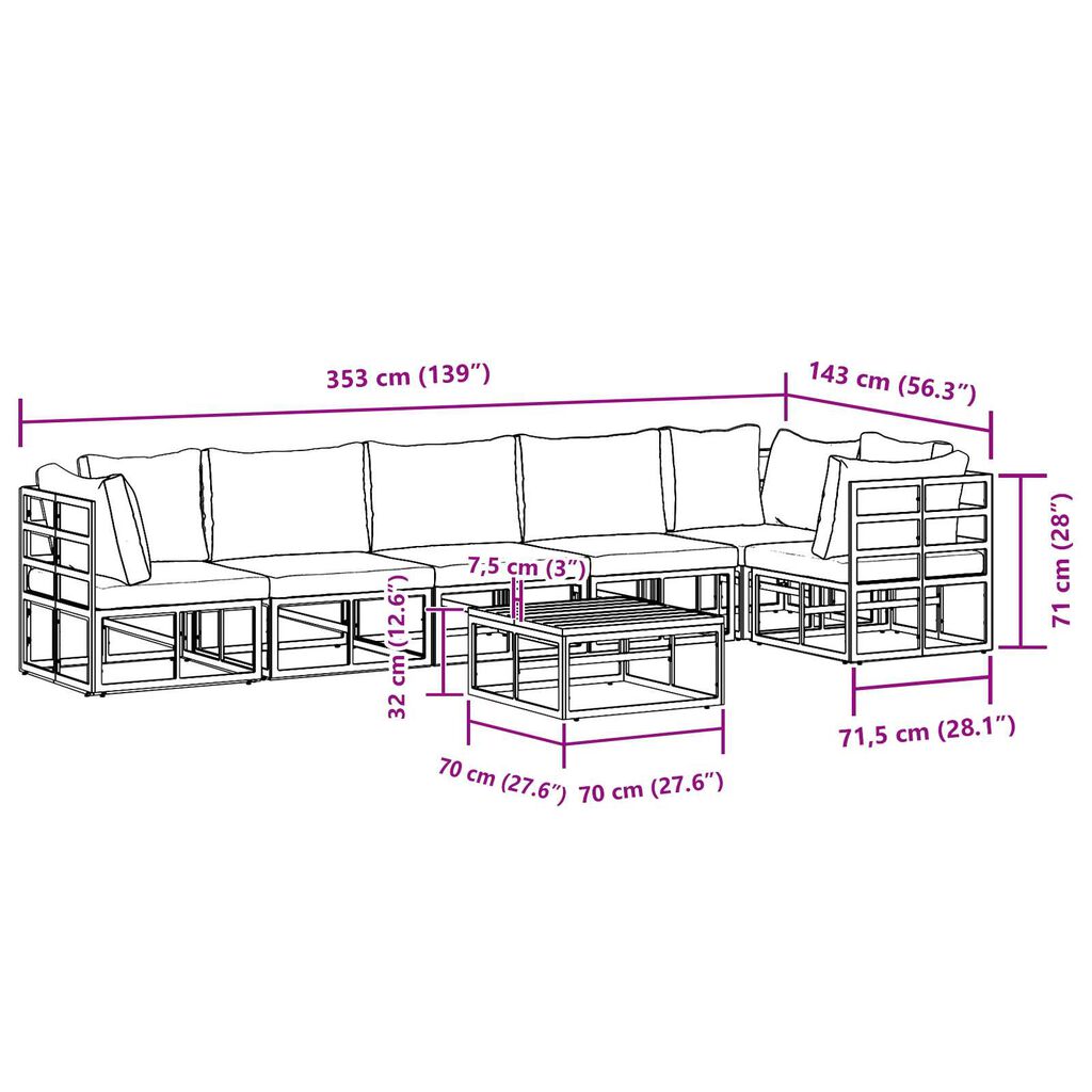 vidaXL Σετ Καναπέ Κήπου 7 pcs Μαύρο 70 x 70 x 32 εκ Αλουμίνιο