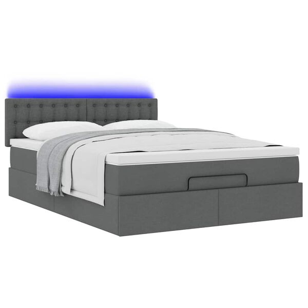 vidaXL Οθωμανικό κρεβάτι με στρώμα & LEDs Σκούρο γκρι 140x200cm Ύφασμα