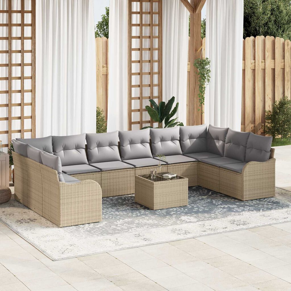 vidaXL Σετ Καναπέ Κήπου με μαξιλάρι 11 pcs Μπεζ Πολυ ράταν
