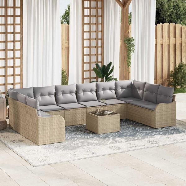 vidaXL Σετ Καναπέ Κήπου με μαξιλάρι 11 pcs Μπεζ Πολυ ράταν