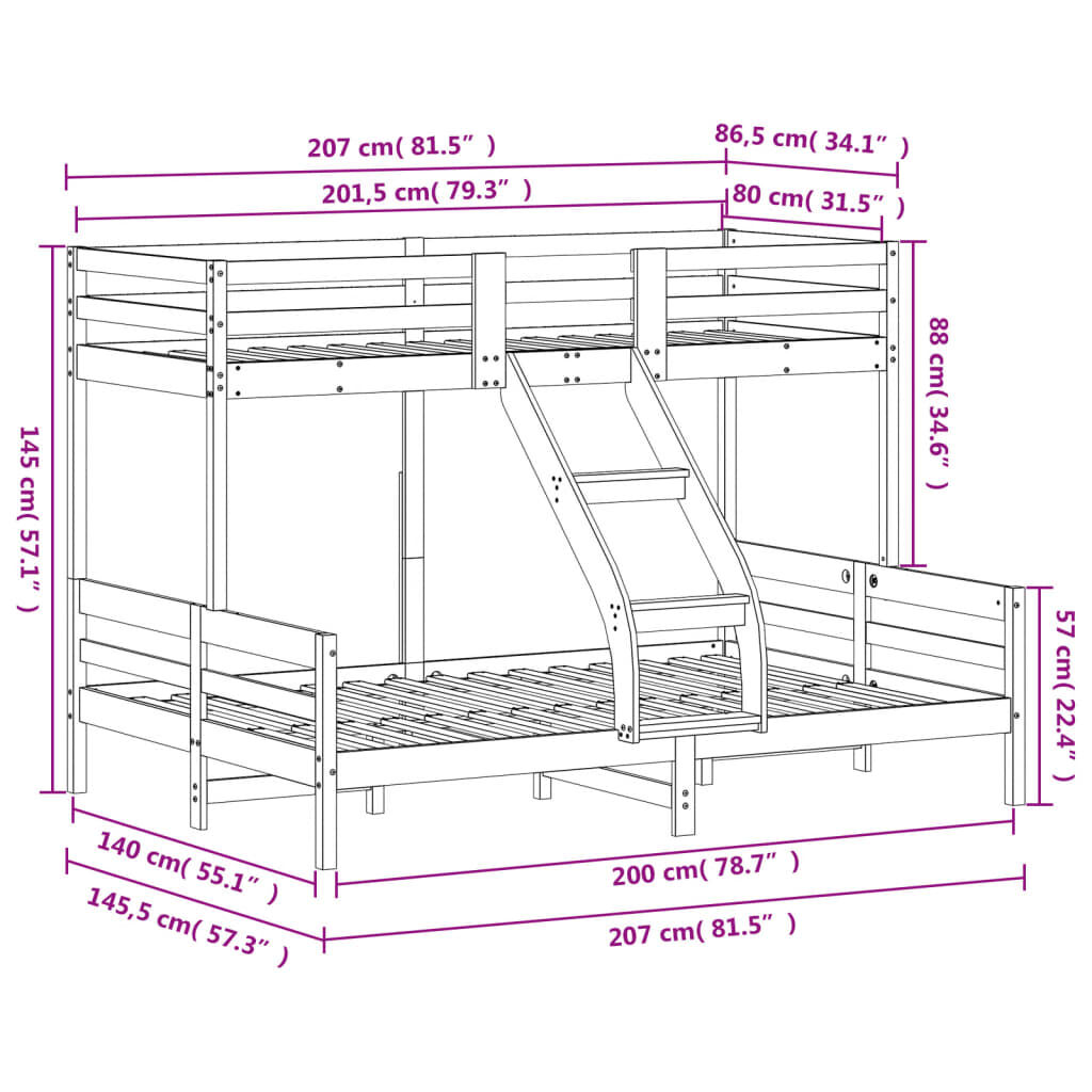 vidaXL Κουκέτα 80x200/140x200 εκ. από Μασίφ Ξύλο Πεύκου
