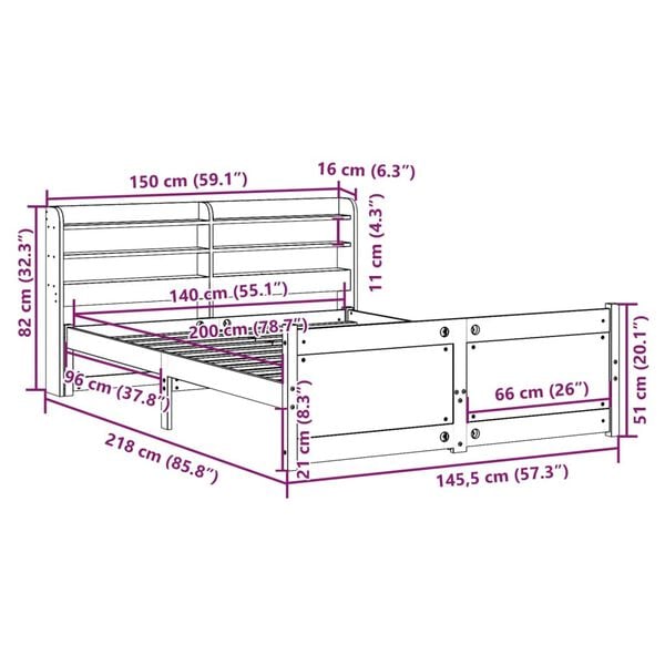 vidaXL Πλαίσιο Κρεβατιού με Κεφαλάρι 140x200 εκ. από Μασίφ Ξύλο Πεύκου
